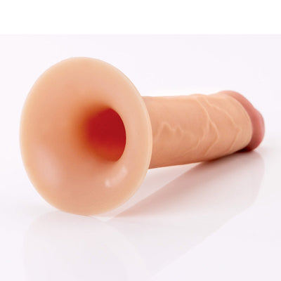 Brown hollow silicone strap-on with realistic texture and flared base on white background.