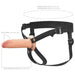 Adjustable black nylon harness with 6-inch realistic brown hollow silicone strap-on dildo.