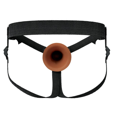 Black adjustable nylon harness with a hollow brown silicone 7-inch strap-on attachment.