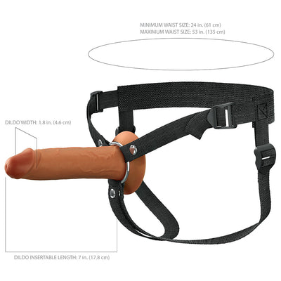 Black adjustable nylon harness with a 7-inch realistic silicone strap-on dildo, showing size measurements and fit range.