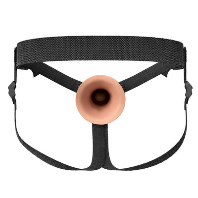 Black adjustable nylon harness with a hollow silicone 7-inch insertable strap-on attachment.