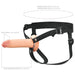 Black adjustable nylon harness with a 7-inch flesh-toned hollow silicone strap-on dildo, showing size measurements.