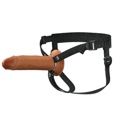 8-inch realistic brown silicone strap-on with black adjustable nylon harness and metal rings.