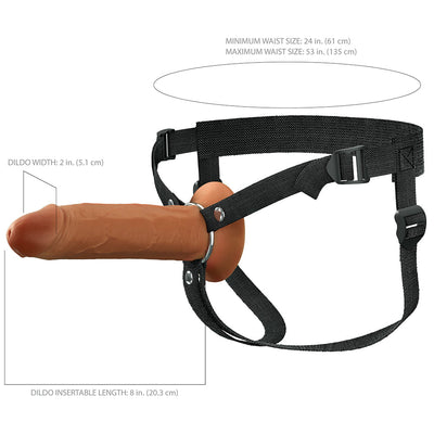 Black adjustable nylon harness with an 8-inch brown silicone hollow strap-on, showing size measurements for waist and dildo dimensions.