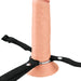 8-inch flesh-tone hollow silicone strap-on with black adjustable nylon harness and metal ring base.