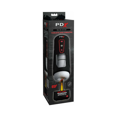 PDX Elite Milk Me Hotter stroker packaging highlighting thrusting, vibrating, and warming features with body heat technology.