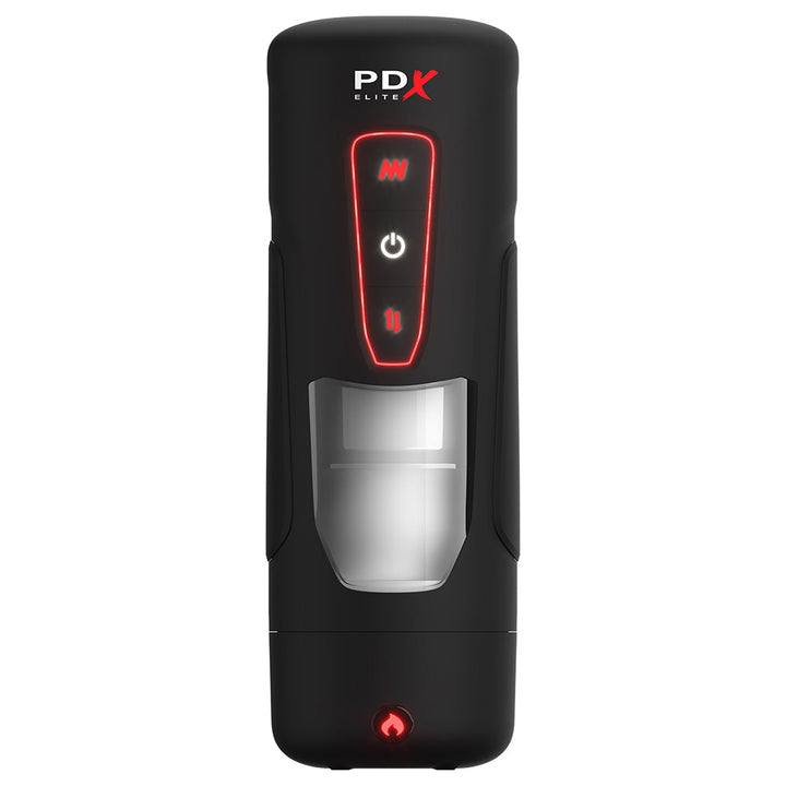 Black PDX Elite Milk Me Hotter stroker with illuminated control panel and transparent window on a white background.