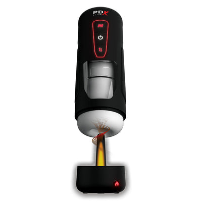 PDX Elite Milk Me Hotter black stroker with illuminated control panel and warming feature shown with base heating element.