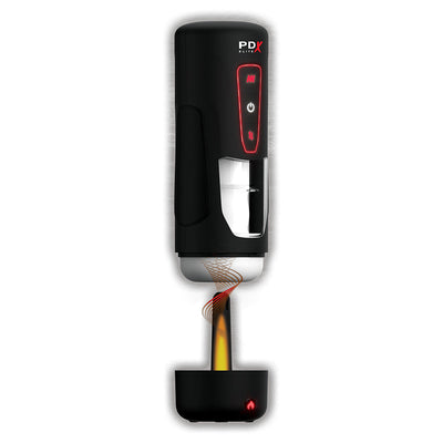 Black PDX Elite Milk Me Hotter stroker with illuminated control panel and warming base on white background.