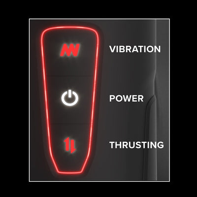 Close-up of PDX Elite Milk Me Hotter control panel showing vibration, power, and thrusting buttons with illuminated red accents.