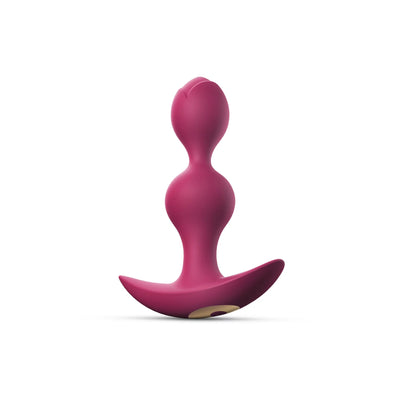 Pink dual-bulb anal stimulator with ergonomic base and smooth silicone finish on white background.
