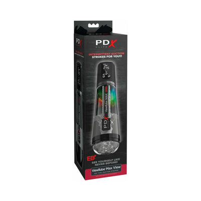 PDX Elite Viewtube Max View packaging showing the see-through suction stroker with LED lights and control panel.