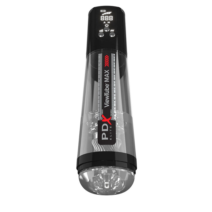 PDX Elite Viewtube Max View transparent stroker with digital display and control buttons on black top.