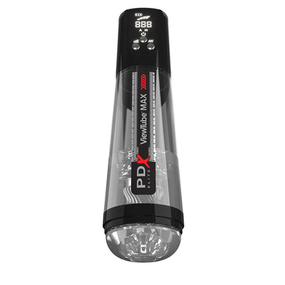 PDX Elite Viewtube Max View transparent stroker with digital display and control buttons on black top.
