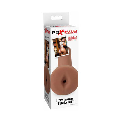 PDX Extreme Freshman Fleshlight in brown with lifelike skin texture and packaging featuring a model in a library setting.