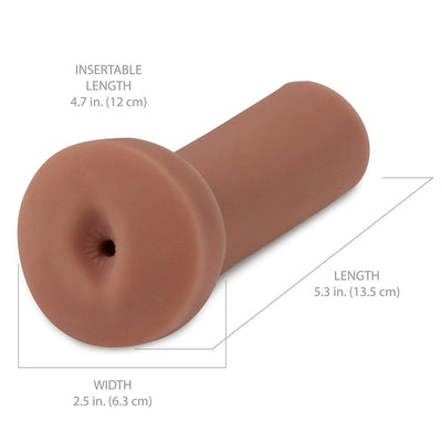 Brown realistic textured sleeve with insertable length of 4.7 inches and total length of 5.3 inches shown on white background.
