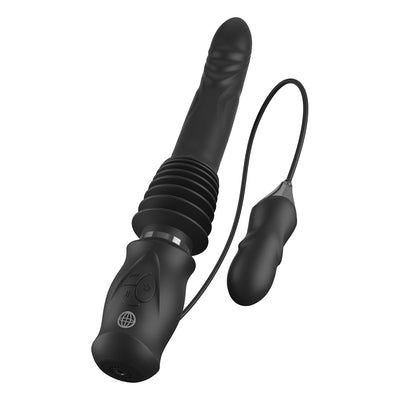 Black silicone thrusting vibrator with ribbed midsection, control buttons, and attached vibrating bullet on a cord.