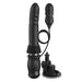 Black silicone thrusting vibrator with attached vibrating bullet and suction cup base for hands-free use.