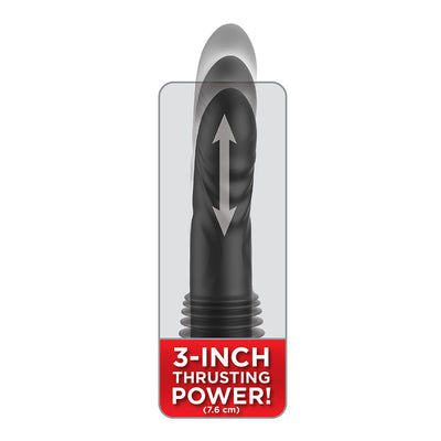 Black silicone thrusting vibrator with 3-inch thrusting motion indicated by arrows and text overlay.