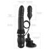 Black silicone thrusting vibrator with attached vibrating bullet, suction cup base, and control buttons, shown with detailed measurements.