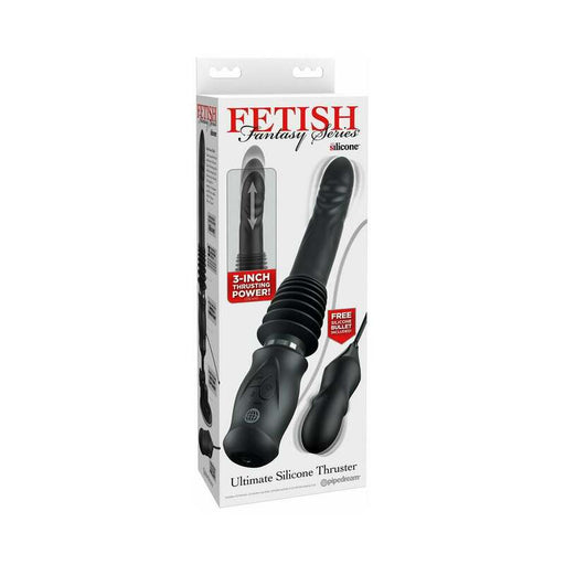 Packaging of Fetish Fantasy Ultimate Silicone Thruster showing the black thrusting vibrator and included vibrating bullet.