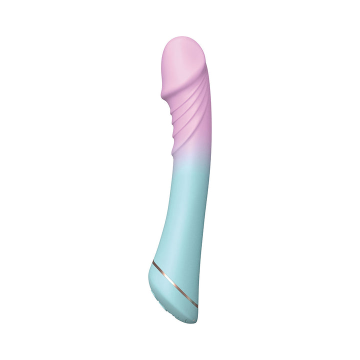 Cotton Candy Flufferella silicone dildo in pastel pink and blue with textured curves and ergonomic design.