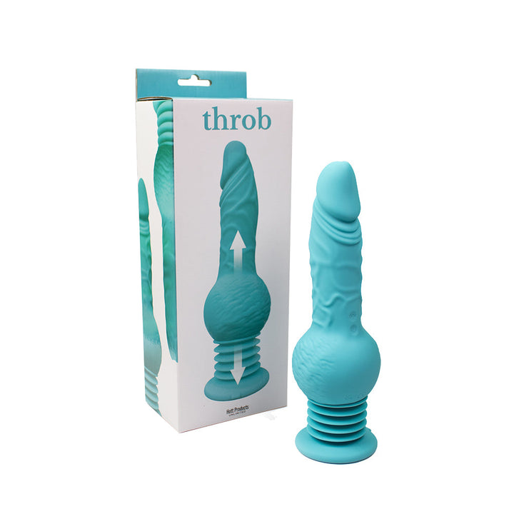 Teal silicone thrusting dildo with textured balls and suction cup base displayed next to its packaging box.