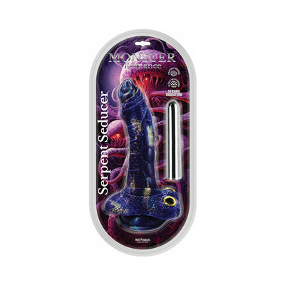 Monster Romance Serpent Seducer silicone dildo with textured fantasy design and vibrating bullet in clear retail packaging.