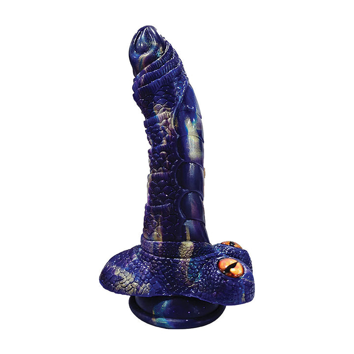 Blue and purple serpent-inspired silicone dildo with textured scales and orange eyes, featuring a suction cup base.