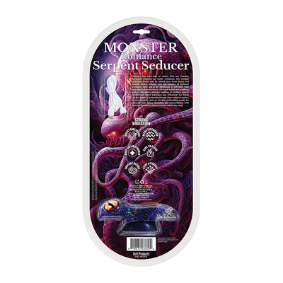 Packaging of Monster Romance Serpent Seducer silicone dildo with fantasy serpent design and USB charging cable.
