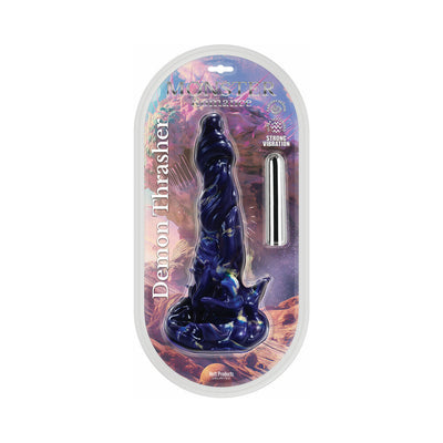 Monster Romance Demon Thrasher 6.5-inch textured silicone dildo with vibrating bullet in clear packaging