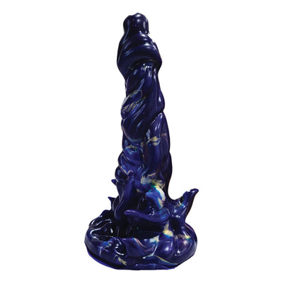 Dark blue silicone dildo with a twisted, textured fantasy design and a strong suction cup base.