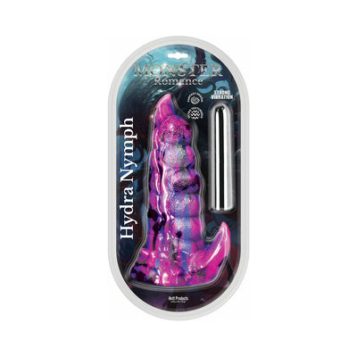 Monster Romance Hydra Nymph fantasy silicone dildo in pink and purple with vibrating bullet in clear packaging