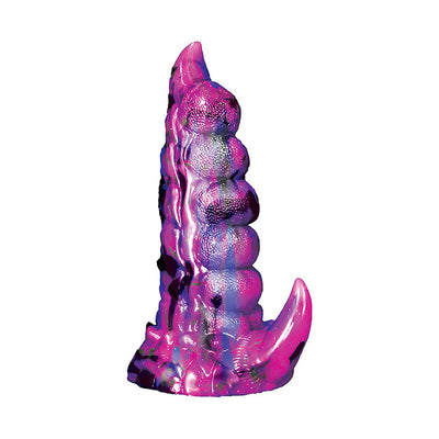 Purple and pink textured fantasy silicone dildo with suction cup base and curved tip, 7.5 inches insertable length.