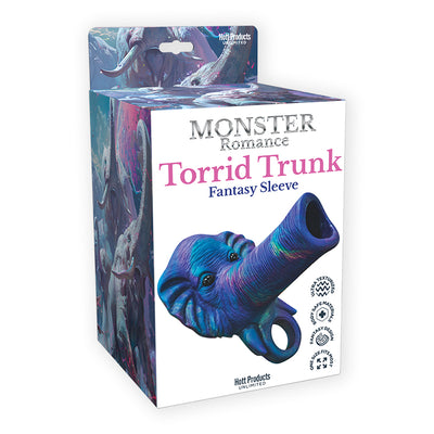 Packaging of Monster Romance Torrid Trunk silicone fantasy sleeve featuring a detailed blue elephant design.