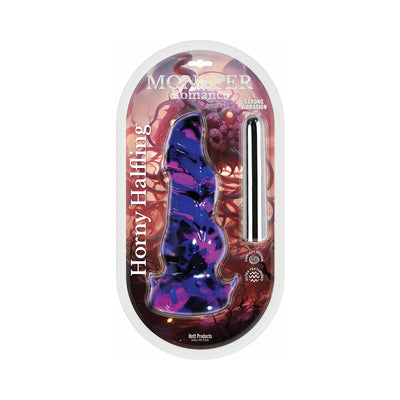 Purple and black silicone fantasy dildo with vibrating bullet in clear packaging labeled Monster Romance Horny Halfling.