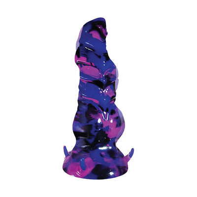 Purple and black marbled silicone dildo with fantasy-inspired texture and suction cup base.