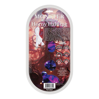 Packaging of Monster Romance Horny Halfling 7-inch silicone dildo with USB charging cable and fantasy design details.