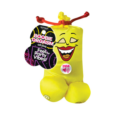 Bright yellow Boobie Orgasm gift bag with a smiling face design and red drawstring, featuring a push button for sound activation.