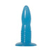 Blue rippled silicone dildo with tapered tip and suction cup base for hands-free use.