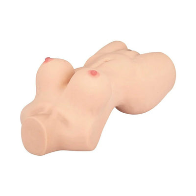 Realistic female torso sex toy with detailed breasts and smooth skin texture in a neutral tone.