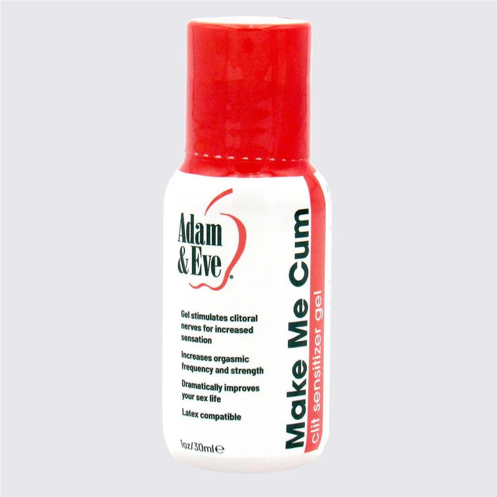 Bottle of Adam & Eve Make Me Cum clit sensitizer gel with red cap and white label, 1 oz size.