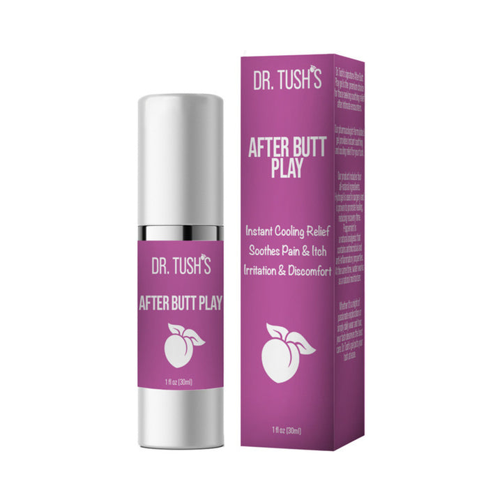 Dr. Tush's After Butt Play 1 oz. soothing gel bottle and purple box with peach logo and cooling relief text