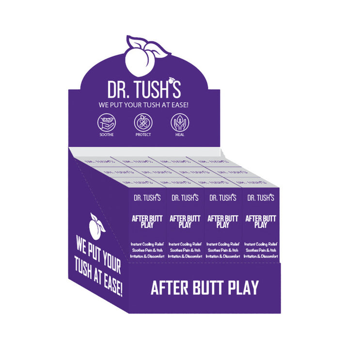 Display box of Dr. Tushs After Butt Play soothing gel 12-pack with purple branding and product benefits icons.