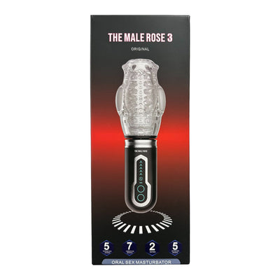 Packaging box of The Male Rose 3 rechargeable oral sex masturbator with product image and feature icons.
