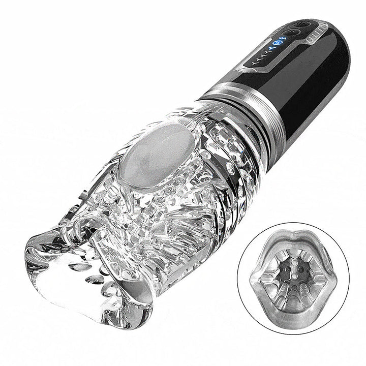 The Male Rose 3 transparent rechargeable male masturbator with textured sleeve and control buttons on black handle.