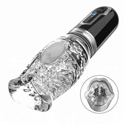 The Male Rose 3 transparent rechargeable male masturbator with textured sleeve and control buttons on black handle.