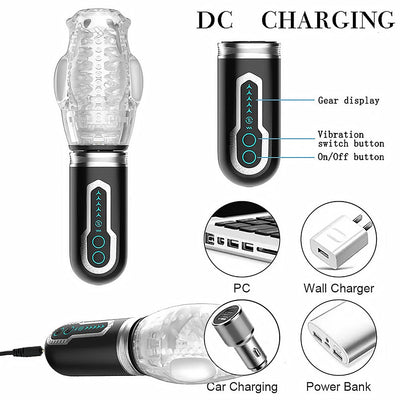 The Male Rose 3 transparent textured sleeve with black control handle showing buttons and gear display, USB charging options including PC, wall charger, car, and power bank.