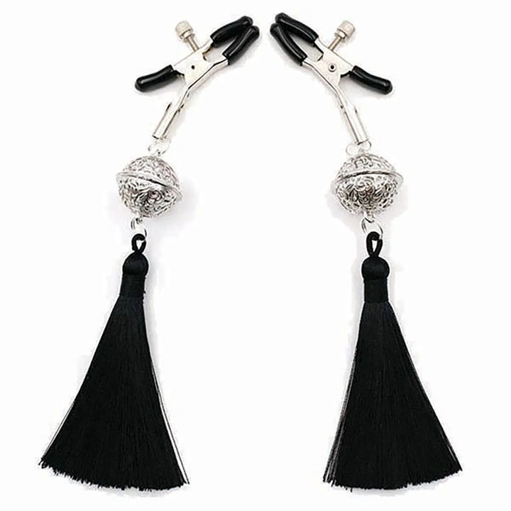 Pair of silver-tone adjustable nipple clamps with black rubber tips and decorative black tassels on a white background.