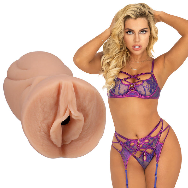 Lifelike ULTRASKYN pocket stroker next to a woman in purple lace lingerie set with garter straps.